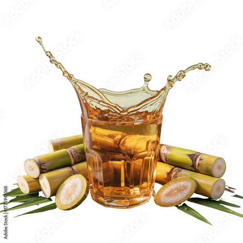 Refreshing sugarcane juice splash in glass with stalks and leaves