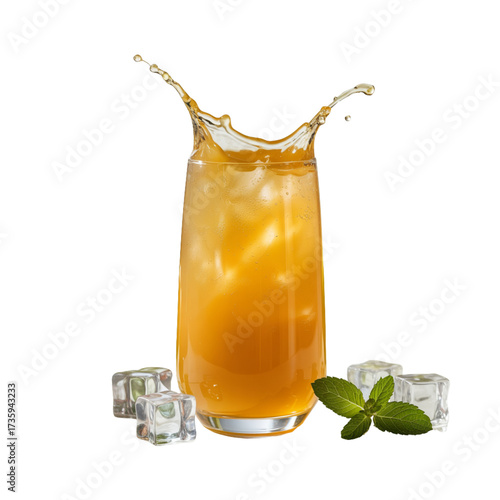 Refreshing iced tea splash with ice cubes and mint leaves