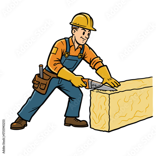 Construction worker cutting fiberglass insulation with a knife  