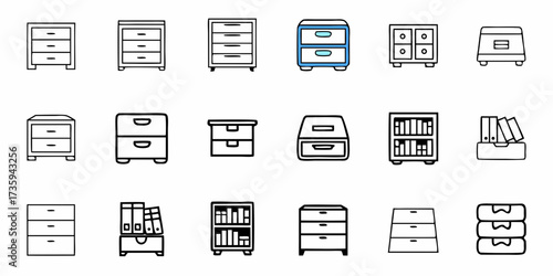 Explore a versatile set of clean line art icons depicting various drawer cabinets, filing systems, and storage units for modern office and home organization designs