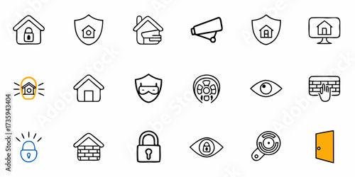 Elevate your digital projects with vital smart home security icons, offering solutions for surveillance, alarm systems, and comprehensive property protection