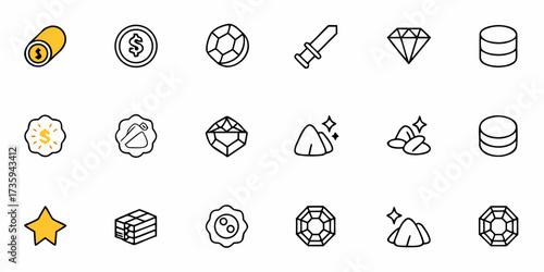 Modern financial and gaming icons collection offering dynamic visuals for apps, websites, and digital projects seeking wealth, success, and reward themes