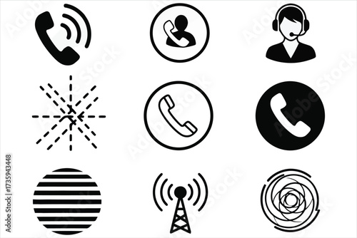 Vector art of a collection of communication icons featuring phone symbols, call center support, and signal transmission, representing various modes of connection
