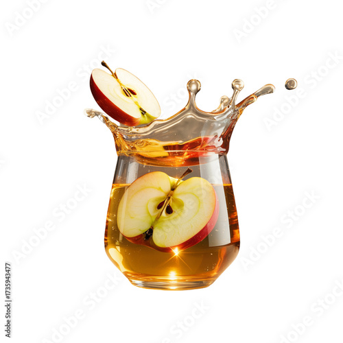 Refreshing apple juice splash in a glass with sliced apples