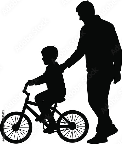 Father Teaching Son to Ride Bicycle Silhouette on White Background learning