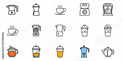 Home Cafe Icons: Minimalist Black Line Art Set Featuring Coffee Makers, Tea Pots, Smoothie Blenders, and Frappe Cups for Modern Kitchen and Foodie Designs