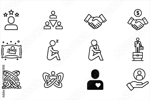 Vector art of collection of business and interpersonal icons, featuring symbols of success, teamwork, agreement, empathy, and personal growth