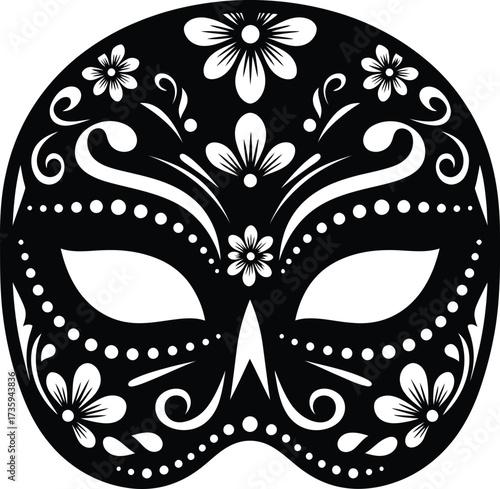 Ornate Black and White Sugar Skull Mask with Floral and Swirl Designs day of the dead