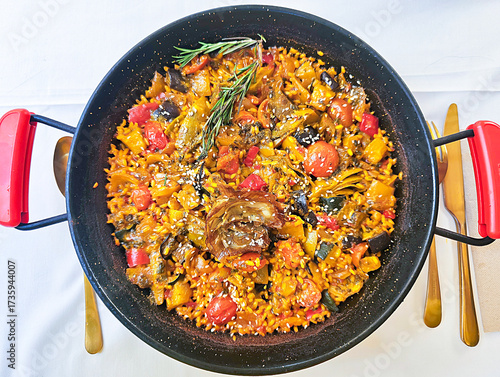 Top view of hot cast iron skillet with vegetarian paella with artichokes on white tablecloth