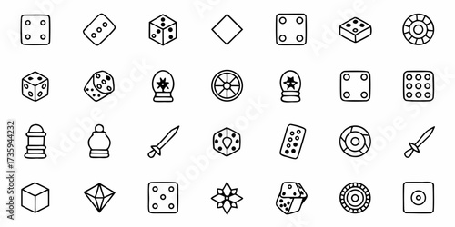 Whimsical game night icons for engaging designs, enjoy dice, chess pieces, swords, and crystals in a playful style for your next project, perfect for games and fantasy themes