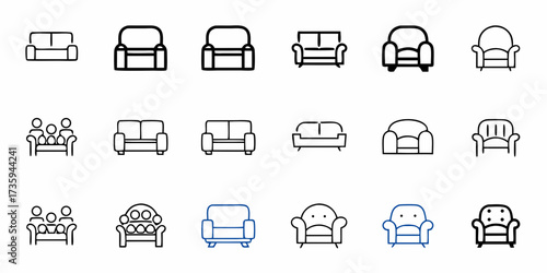 Modern sofa and armchair icons for interior design projects, offering a range of seating options for living rooms, lounges, and hospitality spaces, perfect for minimalist designs