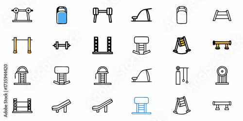 Gymnastics Equipment Icons Showcasing Strength and Agility Training, Perfect for Fitness Centers Promoting Health and Wellness Through Exercise, Drawn with Clean Lines