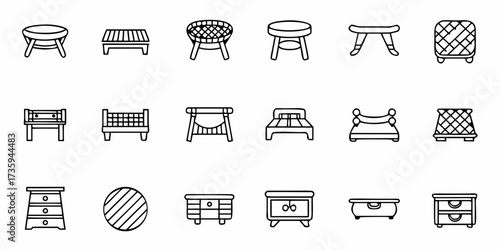 Explore a delightful furniture icons collection, from cozy beds and charming stools to elegant cabinets, perfect for interior design projects and creating inviting spaces