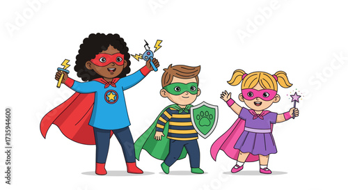 Bild auf Leinwand Diverse group of three young children dressed as superheroes ready for adventure