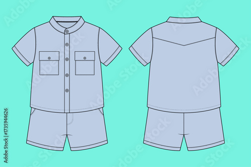 Infant Toddler Utility Safari Set: Mandarin Collar Shirt and Pocket Shorts Technical Flat Sketch.