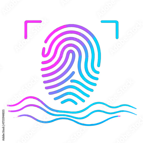 Modern digital art featuring an abstract fingerprint biometric system with neon pink and blue lights, scanning for security and identity authentication, set against a background of data waves and a