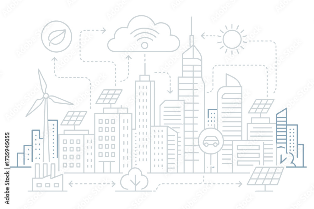 Obraz premium Plan for a future smart city featuring interconnected structures and renewable energy systems