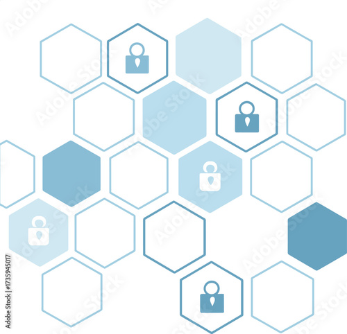 A digital abstract backdrop featuring hexagonal shapes and padlock icons to signify security and data protection