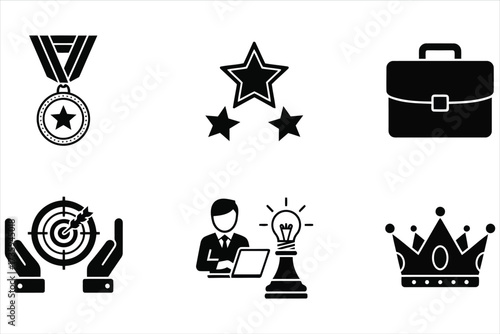 Vector art of a collection of business and success icons, featuring awards, stars, briefcase, target, strategy, and crown, ideal for presentations and designs