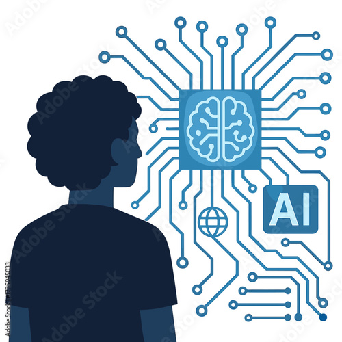A curly-haired individual looks toward a luminous circuit board illustration symbolizing future technology, s, networks, and data