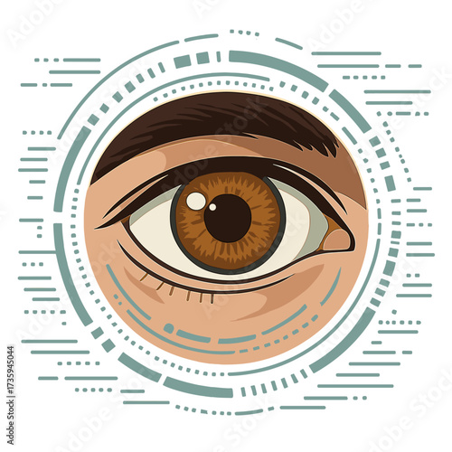 A highly detailed close‑up of a male's hazel eye, surrounded by a data circle and streams of information