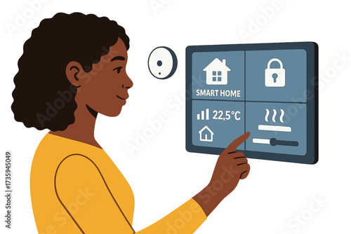 A young African woman uses a wall‑mounted touchscreen AI device to monitor and digitally control the apartment’s energy, security, and heating systems—illustrating the smart home concept in close‑up