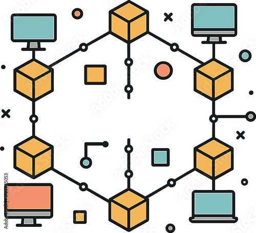 The blockchain network, its concept, distributed ledger technology, blockchain text, and computer connections are displayed against a colored background