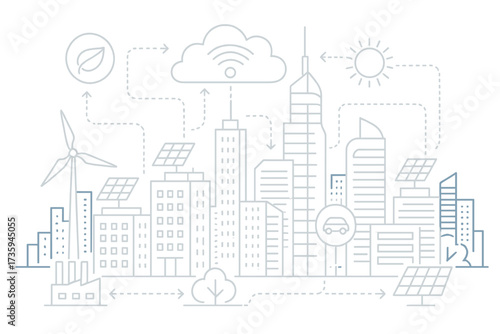 Plan for a future smart city featuring interconnected structures and renewable energy systems