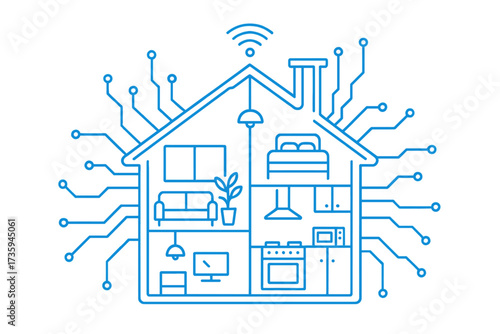 A smart home concept featuring interior design with blue digital hologram lines, depicting a house constructed from circuits and wires