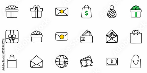 Hand-Drawn Style Icons Showcasing Shopping, Gifts, Money, and Global Commerce, Perfect for Illustrating Finance, E-commerce, and Holiday Themes, Originally a Scalable Vector Graphic