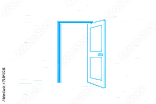 Open a door against a blue glitch background, featuring a realistic vector illustration of neon lines on a black backdrop, including a futuristic portal, computer system error, cyber security