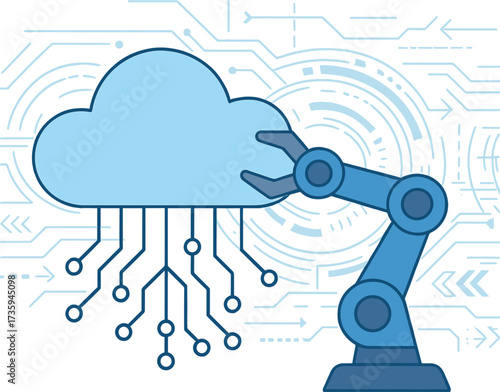 D rendering of a mechanical arm against a cloud computing sci‑tech backdrop