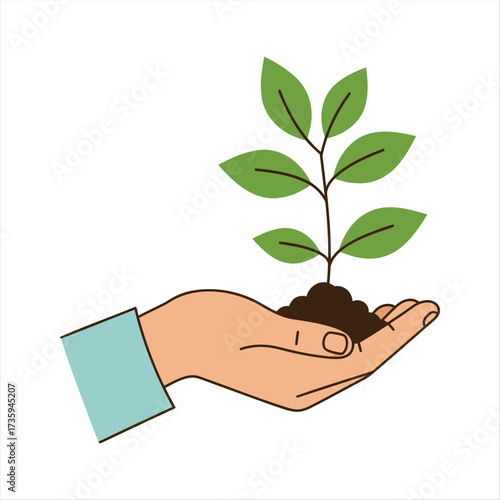Careful nurturing of a small plant seedling in the hand