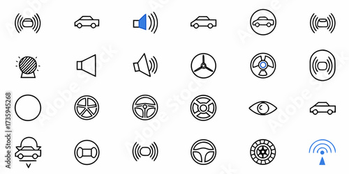 Modern Automotive Icon Set for Smart Car Technology, Featuring Steering Wheels, Connectivity Signals, and Futuristic Design Elements for Innovation and Advanced Transportation