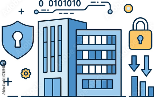 Concepts of commercial property insurance rates, alongside modern building designs that incorporate security features and data flow visuals