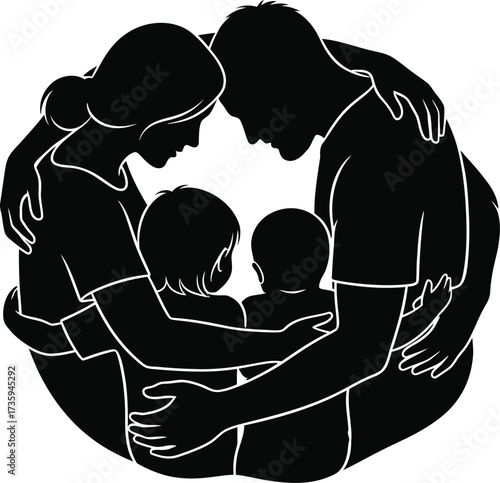 Silhouette of a Family Embracing in a Circle on a White Background embrace