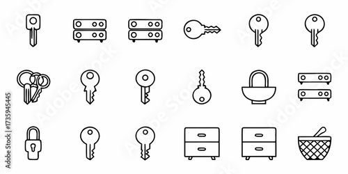 Modern collection of essential outline icons featuring keys, locks, data storage, and cabinet elements perfect for digital security and organization designs