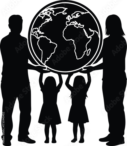 Silhouette of a Family Holding Up the Earth parents children