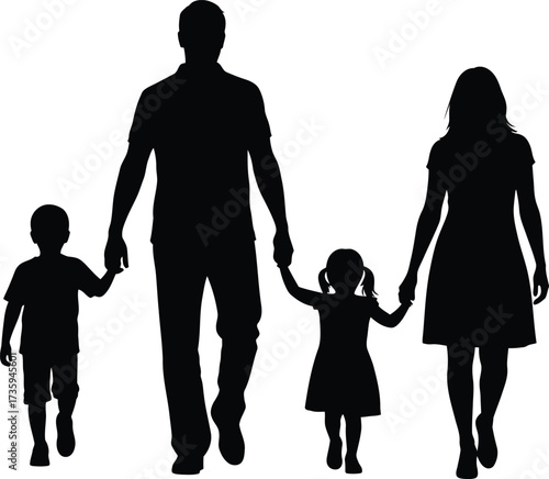 Silhouette of a family of four walking hand-in-hand on a white background parents