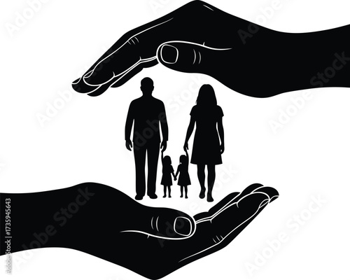 Silhouette of a family protected by two large hands on a white background protection