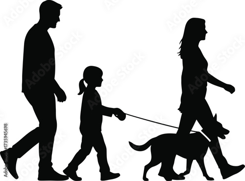 Silhouette of a family walking a dog on a leash on a white background vector illustration
