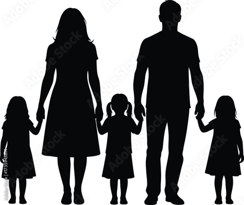Silhouette of a family with two parents and three daughters holding hands on a white background