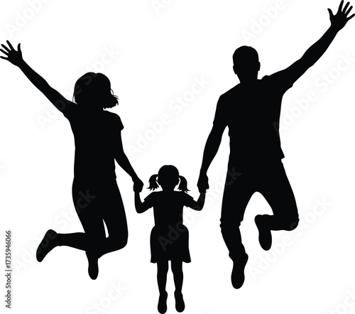 Silhouette of a Joyful Family Jumping Together on a White Background happiness