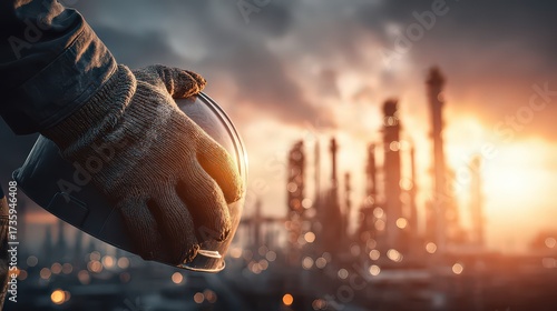 Industrial Worker Holding Hard Hat at Sunset Over Refinery