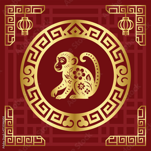 Elegant golden monkey zodiac in Chinese papercut style, festive oriental vector with red background design.