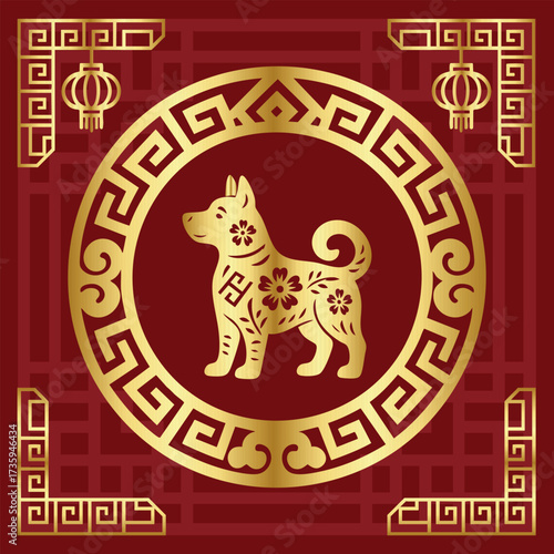 Golden Chinese zodiac dog paper cut illustration with luxury red background, festive oriental decorative design.