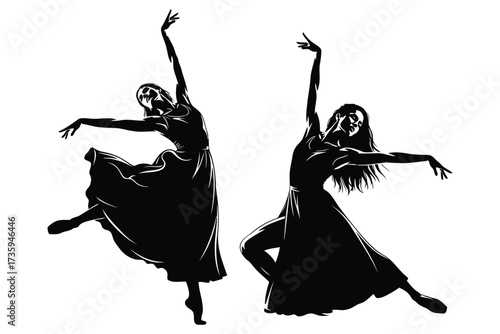 Vector art of two graceful dancers in elegant dresses strike dynamic poses, their silhouettes capturing the beauty and fluidity of movement, a timeless art form
