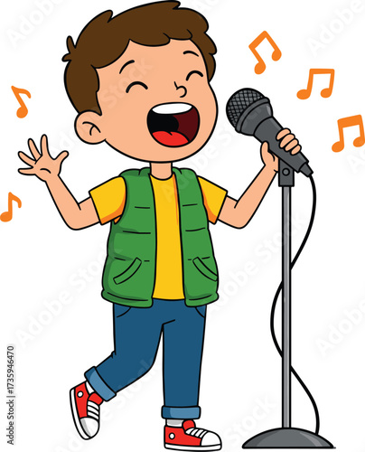 Cartoon child singing into microphone, joyful performance illustration, music talent show character, karaoke fun drawing, happy kid singing clipart, children music activity artwork