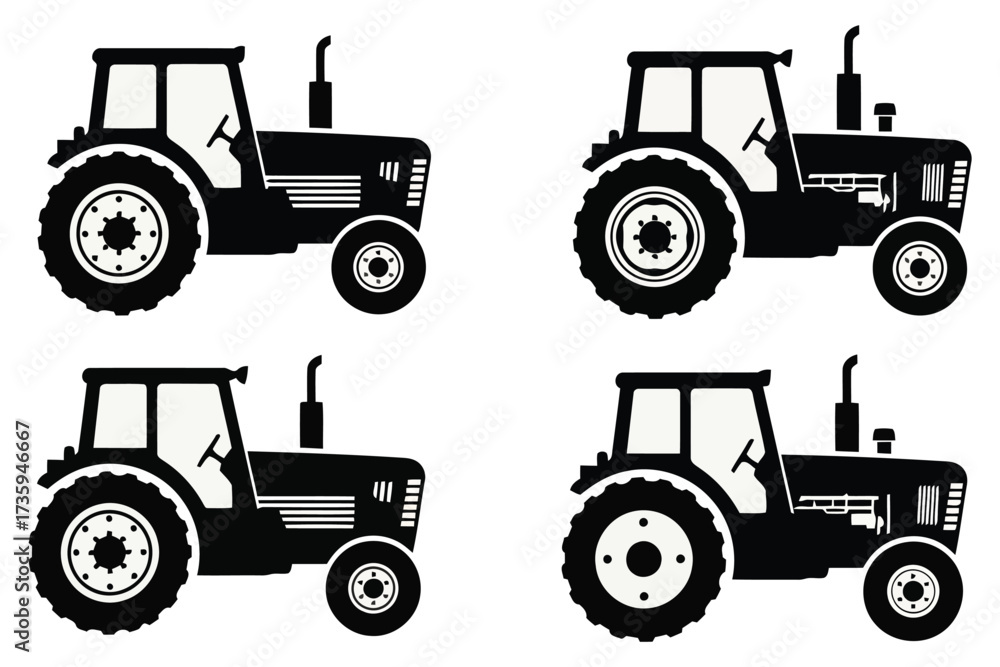 Naklejka premium Vector art of collection of four black tractor silhouettes, showcasing agricultural machinery and farming equipment in a simple and graphic design