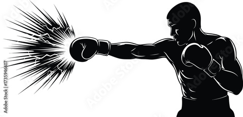 Silhouette of a boxer throwing a powerful punch with dynamic impact, symbolizing strength, determination, and intensity of combat sports